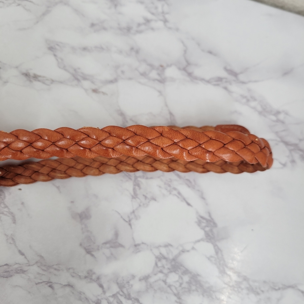 Braided Leather Waist Belt in Cognac with Gold Tone Buckle - Picture 6 of 10